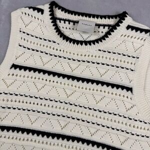 Varley Womens Pointelle Knit Sweater Vest Cream Black Geometric Scalloped Large